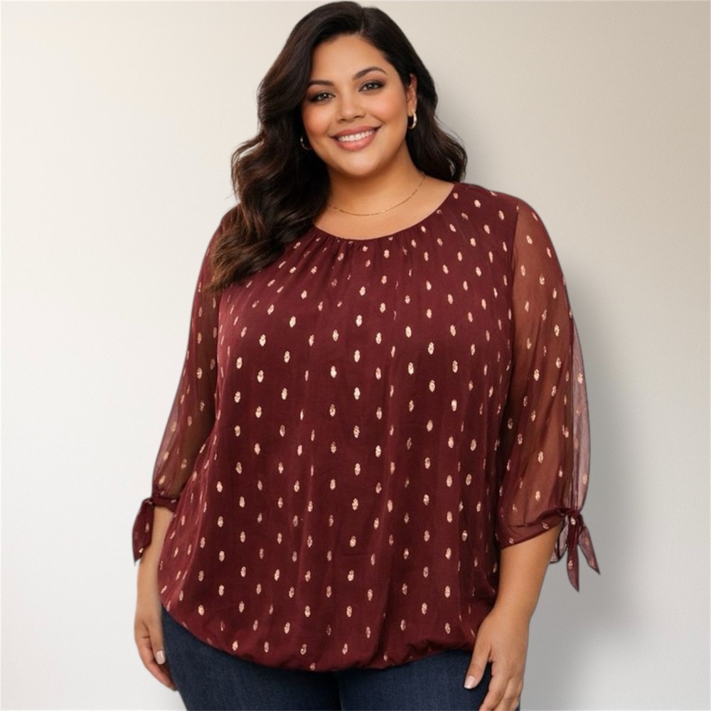 New Sara‎ Michelle 3X Red Metallic Gold Print Sheer Tie Sleeve Blouse Boho